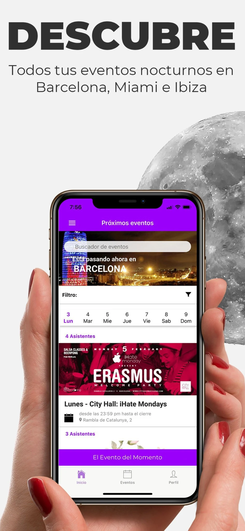 Creatividad vertical de Luna con pantalla de eventos en Barcelona