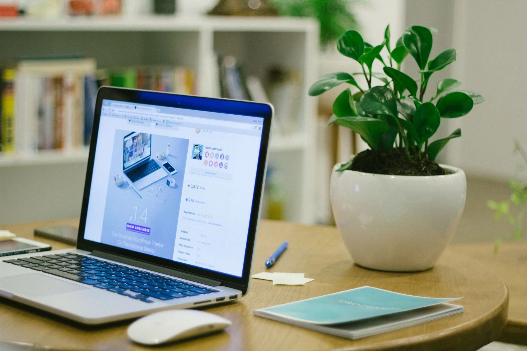 Espacio de trabajo con portátil, escritorio y planta